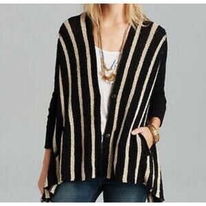 Free People Black Beige Chevron Striped Chunky Circle Cardigan Sweater Size Med
